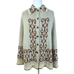 VTG JC Penny 1970's‎ XL Geometric Print Cape Sweater Button Up Collar (N506)